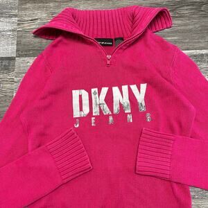 y2k 2000s pink dkny jeans nyc skyline spellout zip turtle‎ neck sweater womens S